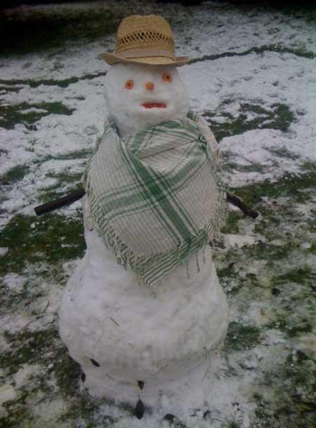 A dapper snowman built by Kelly and Ciaran in Southbourne.