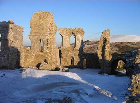 Corfe Castle in the snow. Sent in by Paul Gilliver.