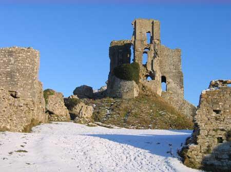 Corfe Castle in the snow. Sent in by Paul Gilliver.