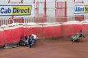 Rory Schlein hits the fence after tangling with Craig Cook at Glasgow (Picture: Phil Lanning/@Lanno Media)