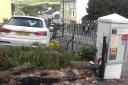 The car ploughed through a wall and iron railings into a garden in Charmouth