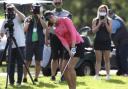 Georgia Hall, of England, hits a chip shot on the second hole of a sudden-death playoff during the final round of the LPGA Cambia Portland Classic golf tournament in Portland, Ore., Sunday, Sept. 20, 2020. Hall later won over South Africa's Ashleigh