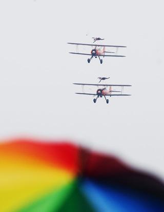 The Breitling Wingwalkers in formation - one of the few flights to take to the skies due to the poor weather on the final day.  