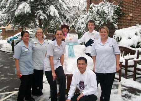 December 2010. The residents at Avon Cliff in Bournemouth have enjoyed watching from the warmth of their lounge, the staff building a snowman for them. Email from Dawn Watson.  
