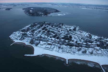 December 2010. Snowy Sandbanks and Brownsea. By Gary Ellson, Bournemouth Helicopters. 