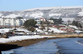 Swanage seafront covered in snow. 