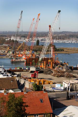 The construction of the Twin Sails bridge in Poole is underway across Back Water Channel. 8/2/11. 