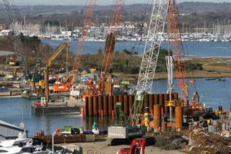 The construction of the Twin Sails bridge in Poole is underway across Back Water Channel. 8/2/11. 