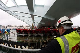 The main work to position the first leaf of the Twin Sails Bridge takes place. 18/7/11. View from underneath the bridge on the Hamworthy site. 