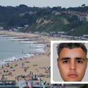 Bournemouth Beach. Credit: PA. Inset: E-fit image released by Dorset Police in connection with the incident.