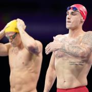 England's Jacob Peters (right) before the Men's 100m Butterfly - Final at Sandwell Aquatics Centre on day five of the 2022 Commonwealth Games in Birmingham. Picture date: Tuesday August 2, 2022. PA Photo. See PA story COMMONWEALTH Swimming. Photo