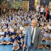 Hillside First School headteacher Dave Graves with staff and pupils
