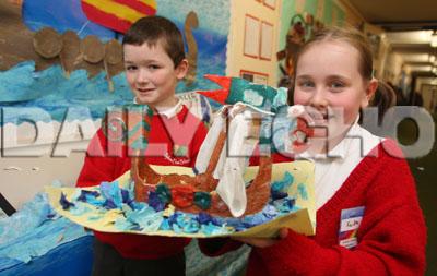  Sylvan First School in Parkstone, Harley Rees and Faith Burgess with some of their  classes Viking project work.