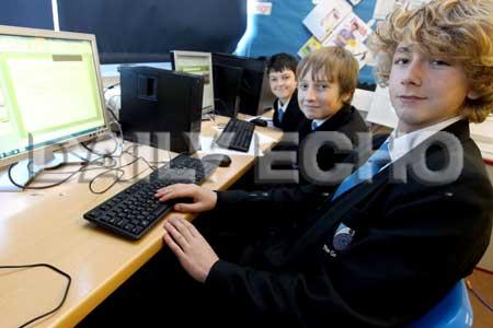 R-L are: Matthew Bradshaw,14, Jack Jordan,14, and Ben Reeves,13 in a year nine IT lesson.