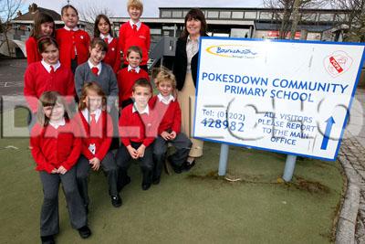 Pokesdown Community Primary School feature, 21.2.12. Head Teacher Vivienne Arkell with some of the school pupils.