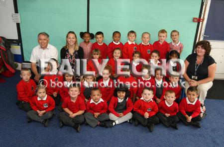 Reception Class children at Malmesbury  Park Primary School with their Teachers Stuart Fisher and Kelly-Marie Wyatt and TA Sue Jabberi.