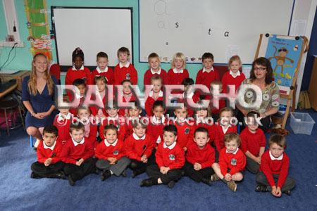 Reception Class children at Malmesbury  Park  Primary School with their Teacher  Lizzie Williams,left, and  TA Lisa Bolton