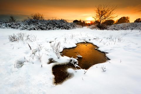 All the pictures from the Christchurch section of the book. Wick Village in Christchurch during a heavy snowfall. I found a great little frozen pool and waited for sunset to capture the golden reflections in the pool. Picture by Rob Cherry.