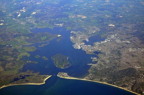 Aerial picture of poole harbour taken from an airliner as we flew over the English coast out across the atlantic. Picture by Mark Brazier 