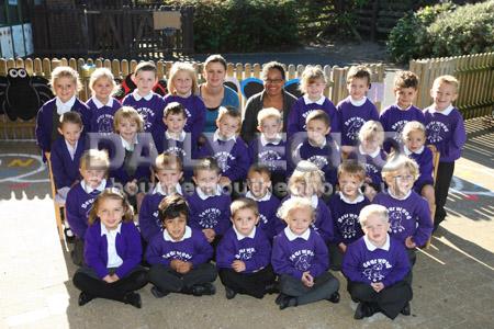 Reception class children at Bearwood Primary  School with Teacher Esther Williams,right, and TA Wendy Doe