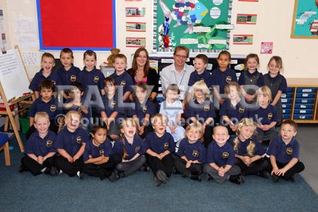 Reception class children at Heathlands Primary  School with Teacher Kirsty Welch and TA Alan Lugrin.