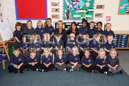Reception class children at Heathlands Primary  School with Teacher Lyn Wright and TA Maxine Fish.