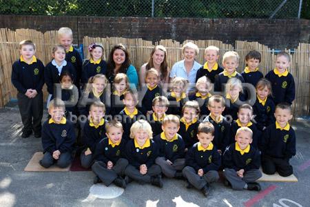 Reception class children at Kinson Primary  School with Teacher Natalie Pearce, left, and TA's Katie Sheppard and Su Patterson.