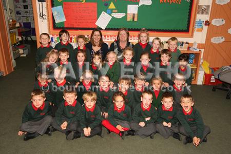 Reception children  in Rubies class at Broadstone First School with Teacher Jo kent, left, and HLTA Wendy Wright.
