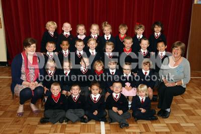 Reception class children at  Moordown St John's Primary School with Teacher Leanne Siggins,left, and TA Rosemary Whalley
