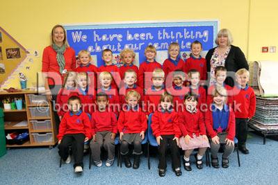 Somerford Primary School. Pearl class. Teacher Nancy Glester, left, and TA Sally Diment, right.