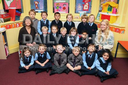 Reception children at St Martin's  School in Bournemouth with  Teacher Jill Crewe, left,  and TA Sarah Shenton
