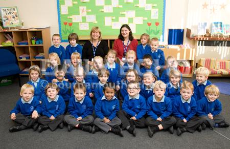 Reception Class at Stourfield Infant School. Crocus Base. L-R Caron Harmsworth (TA) and Shelley Jones (Teacher).