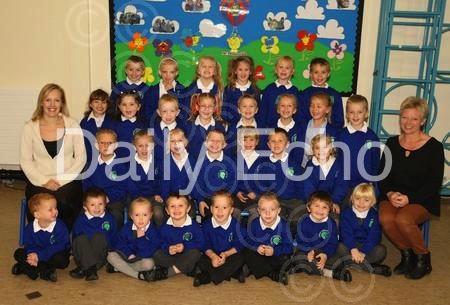 Reception children in Rabbits class at Upton Infant School with Teacher Gina Smith and TA Lynne Perch.