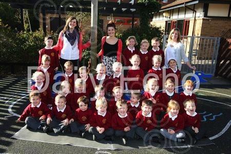 Reception children at Lytchett Matravers Primary School with Teachers Beccy Spicer, left, and Mary Cotterill, right, and TA Amy Coombs, centre. 