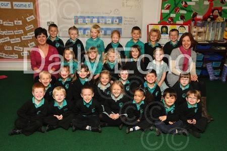Reception children at Hillbourne School and Nursery in Poole with Teacher Amanda Belbin, left, and TA Ali Davies.