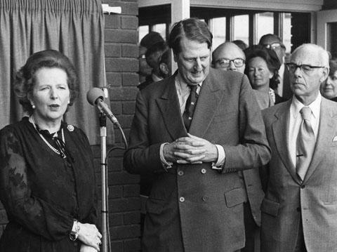 The prime minister Mrs Margaret Thatcher (left) officially declares the RNLI depot (Bill Knott building) open in Poole.  The chairman of the RNLI the Duke of Atholl and Mr Denis Thatcher  on the right.