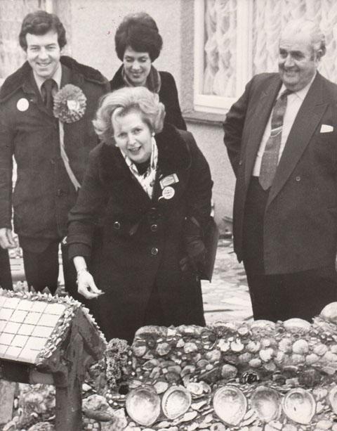In November 1977 Conservative leader Mrs Margaret Thatcher, whilst supporting David Atkinson, Tory candidate in the by the Bournemouth East by-election, visited the Shell Gardens in Southbourne. On the left are David and his wife with Geoerge Howard, owne