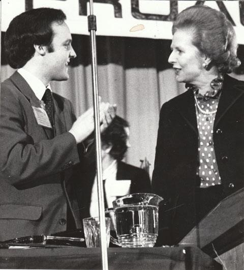Bournemouth councillor Chris Hayward congratulates Prime Minister Margaret Thatcher at the Young Conservative Conference at the Winter Gardens in Bournemouth.