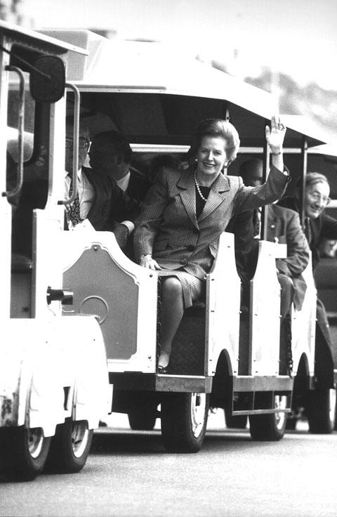 Margaret Thatcher on the Noddy train on Bournemouth Seafront during the Tory Conference in 1990 
