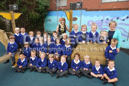 Children in  Bees class at Courthill Infant School with  Teacher Heather Lane, left, and TA Sally Wall.
