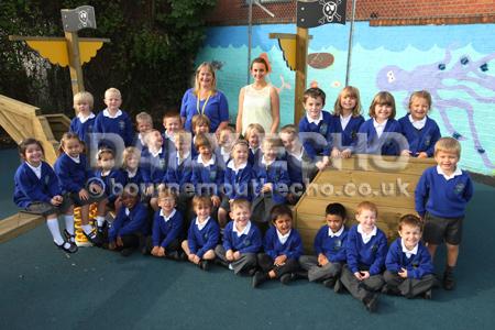 Children in  Ladybirds class at Courthill Infant School with  Teacher Sian Pell, right, and TA Simone Roaf