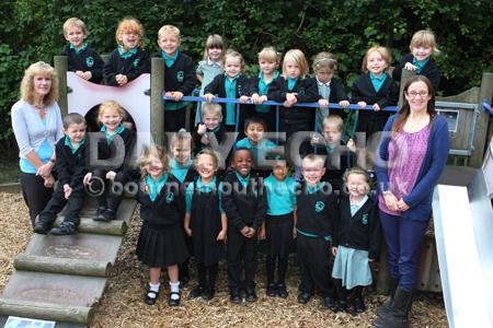 Reception children in Ladybirds Class at Hillbourne School and Nursery in Poole with Teacher Zoe Nash, right, and TA Teresa Cross