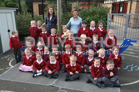Reception children in Ladybirds class at  Lytchett Matravers Primary School with Teacher  Beccy Spicer, left, and TA Amy Coombs