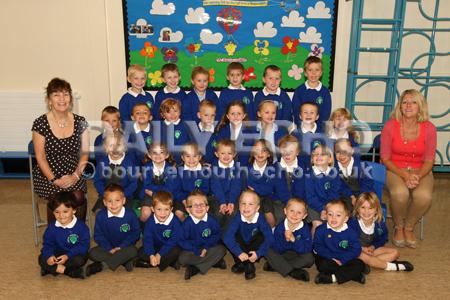 Reception children in Owls class at  Upton Infant School with Teacher Karen Marsh, left, and TA Alison Rawlings