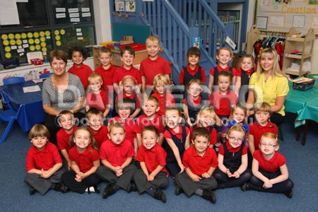 Reception Children at Christ The King RC VA Primary School in Kinson  with Teacher Mary O'Brien, left, and TA Leanne Reeks