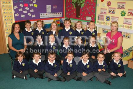 Reception children in Blueberries  class at Kingsleigh Primary School  with Teacher Kathryn Hall, left, and TA Elaine Hayes