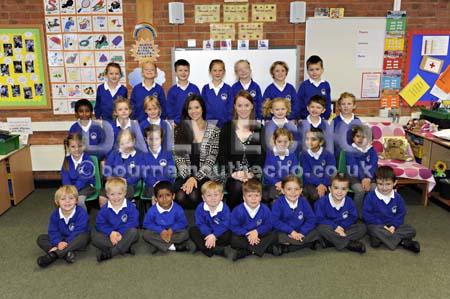 Class RKF. TA (centre left): Helen Moore.Teacher (centre right): Katie Fowler. Longfleet CofE (VC) Primary School, Joliffe Ave, Poole. 