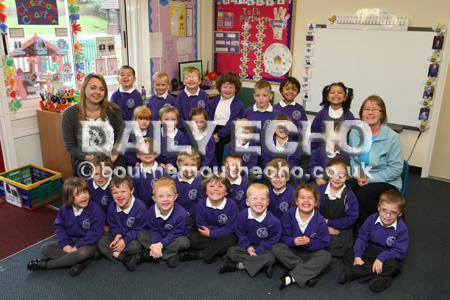 Reception Children in Bumblebees class at Canford Heath Infant School with Teacher Kirstie Huggins, left, and TA Kim Heeks