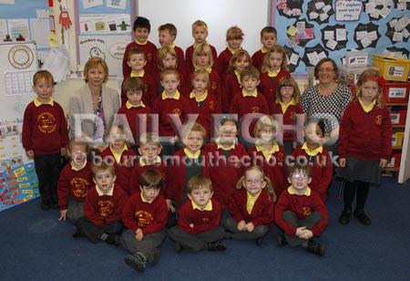Christchurch Infant School. Class FG with class teacher Mrs Nicki Gibson, right, and teaching assistant Mrs Sue Turner, left.