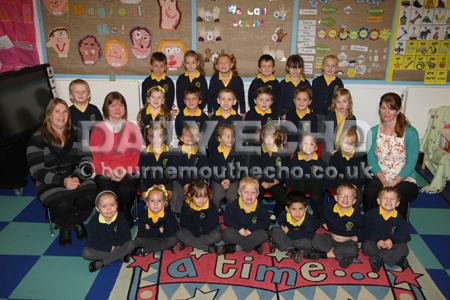 Reception Children at Kinson Primary School with  Teacher Nicki Johnson, right, and TA's Amanda Lawrence and Lorna Brown.